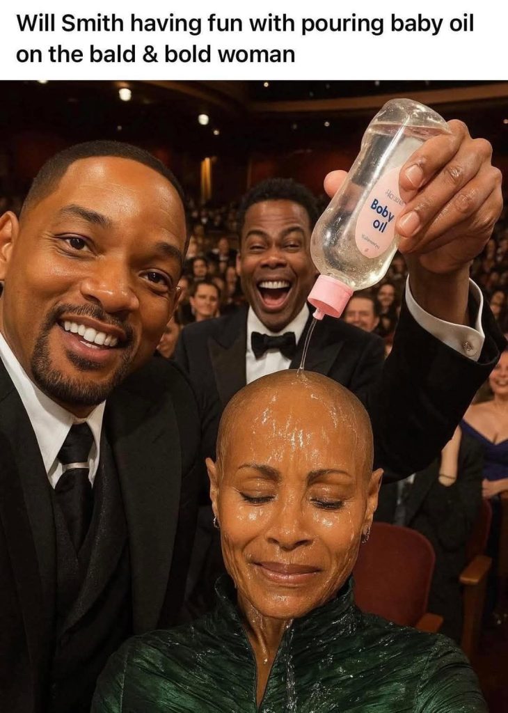 Will smith having fun with pouring baby oil 🧴🔥 on the bald and bold women. See more..